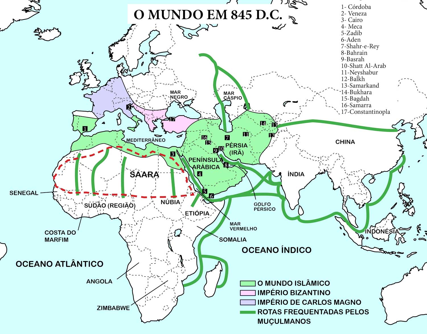 Mapa do Mundo com os principais impérios em 845