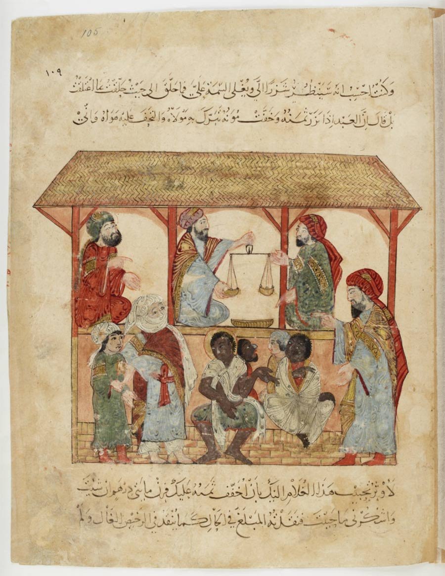 Mercado de escravos Mercado de escravos em Zadib — Yemen. Página de livro com 50 pequenas histórias do poeta Al-Hariri (1054–1122) de Basra, Iraque, ilustrada por Al-Wasiti em 1237 — Versão digital disponível neste link. O comerciante, de turbante branco, apresenta um jovem a um cliente em pé à direita. Outros escravos aparecem sentados entre os dois.